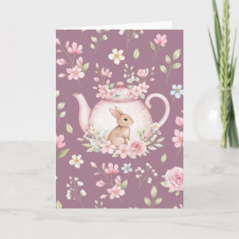 Whimsical Bunny Rosa Tekanna Blommig Påsk Kort