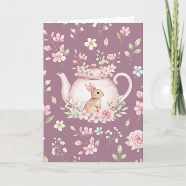 Whimsical Bunny Rosa Tekanna Blommig Påsk  Kort (Framsida)