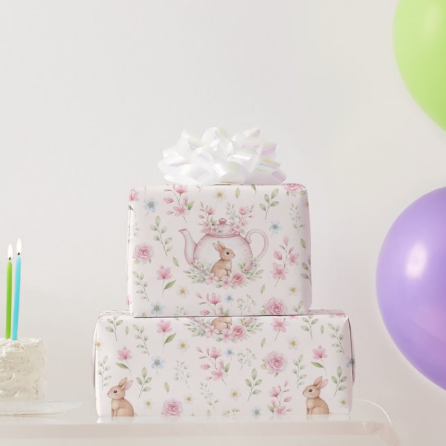 Whimsical Bunny Teapot Floral  Presentpapper (Festgåvor)