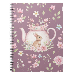 Whimsical Bunny Teapot Floral Spring Notebook Anteckningsbok
