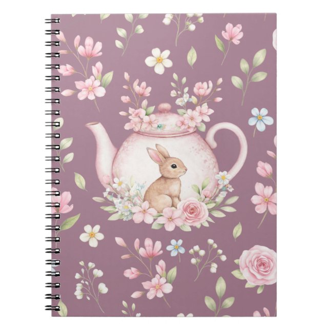 Whimsical Bunny Teapot Floral Spring Notebook Anteckningsbok (Framsidan)
