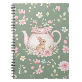 Whimsical Bunny Teapot Floral Spring Notebook Anteckningsbok