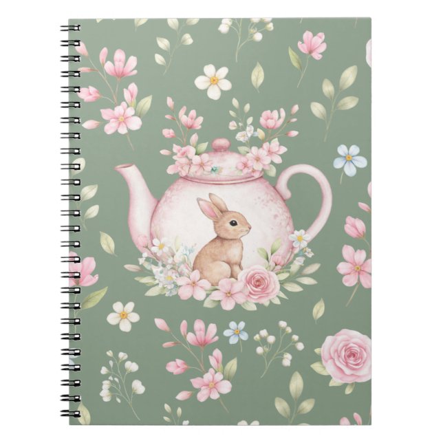 Whimsical Bunny Teapot Floral Spring Notebook Anteckningsbok (Framsidan)