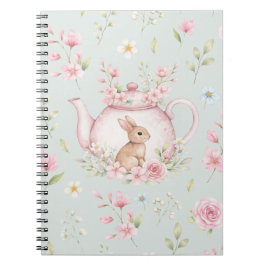 Whimsical Bunny Teapot Floral Spring Notebook Anteckningsbok