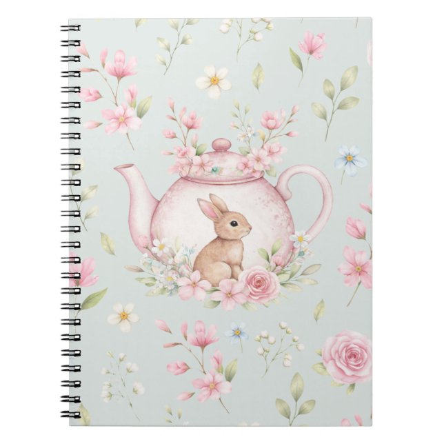 Whimsical Bunny Teapot Floral Spring Notebook Anteckningsbok (Framsidan)