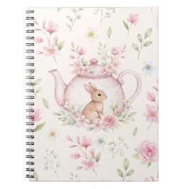 Whimsical Bunny Teapot Floral Spring Notebook Anteckningsbok