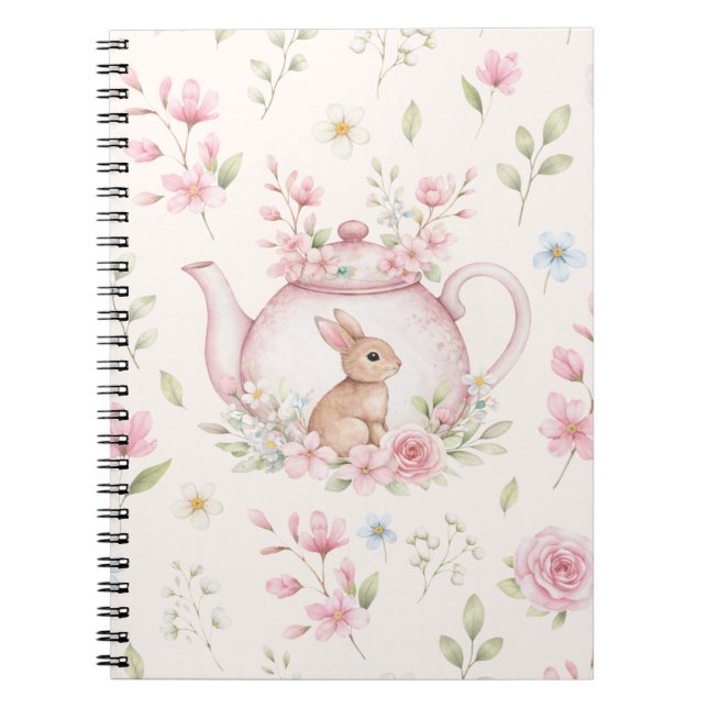 Whimsical Bunny Teapot Floral Spring Notebook Anteckningsbok (Framsidan)