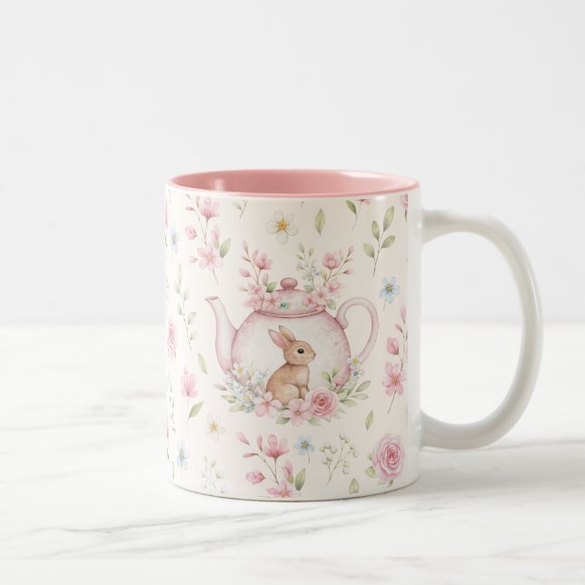 Whimsical Bunny Teapot Floral Spring  Två-Tonad Mugg (Höger)