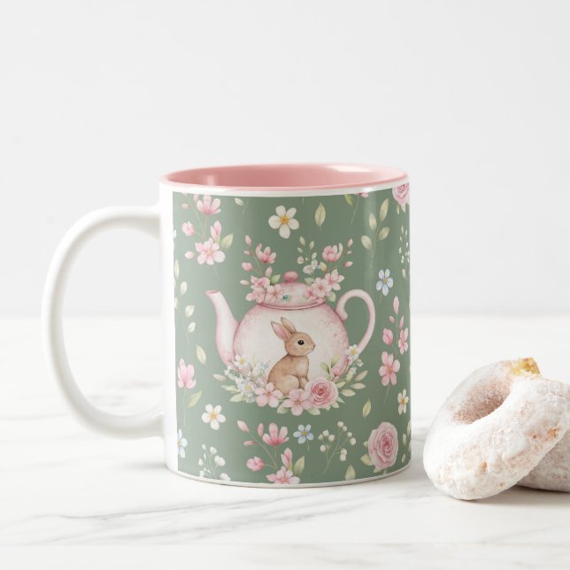 Whimsical Bunny Teapot Floral Spring  Två-Tonad Mugg (Med munk)