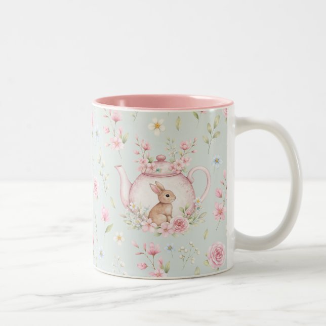 Whimsical Bunny Teapot Floral Spring  Två-Tonad Mugg (Höger)