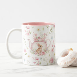 Whimsical Bunny Teapot Floral Spring  Två-Tonad Mugg