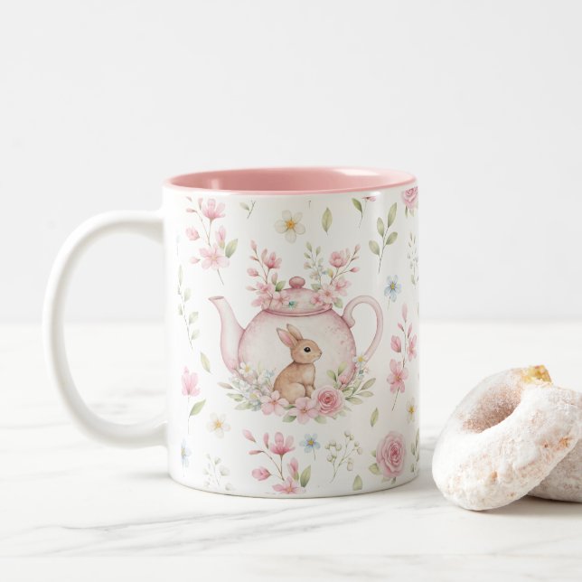 Whimsical Bunny Teapot Floral Spring  Två-Tonad Mugg (Med munk)