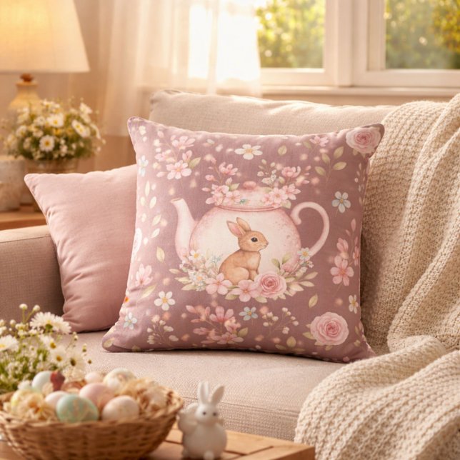 Whimsical Bunny Tekanna Blommig Påsk Kudde (Skapare uppladdad)