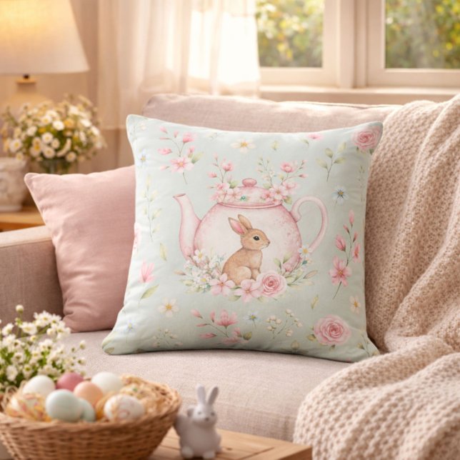 Whimsical Bunny Tekanna Blommig Påsk Kudde (Skapare uppladdad)