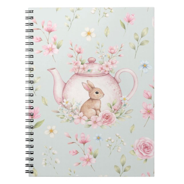 Whimsical Bunny Tekanna Floral Vår Anteckningsbok (Framsidan)