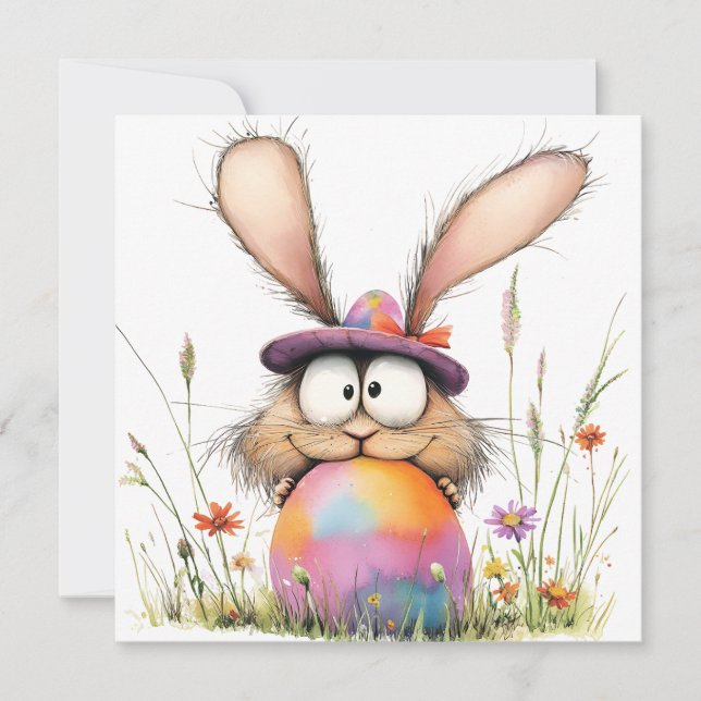 Whimsical Bunny with Decorated Egg Easter Greeting Kort (Framsida)