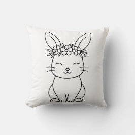 Whimsical Bunny with Floral Crown Line Art  Kudde