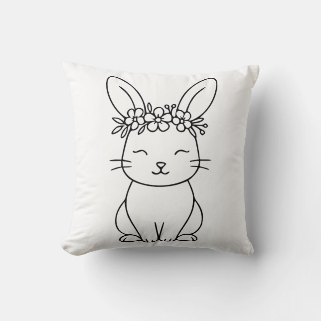 Whimsical Bunny with Floral Crown Line Art  Kudde (Framsida)