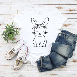 Whimsical Bunny with Floral Crown Line Art  T Shirt