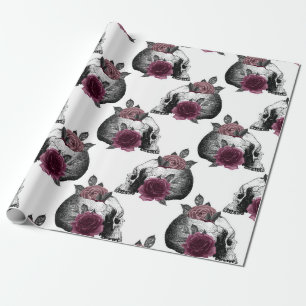 Whimsical Burgundy Blommiga Döskallar Gotisk Bröll Presentpapper