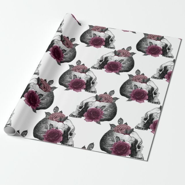 Whimsical Burgundy Blommiga Döskallar Gotisk Bröll Presentpapper (Utrullad)