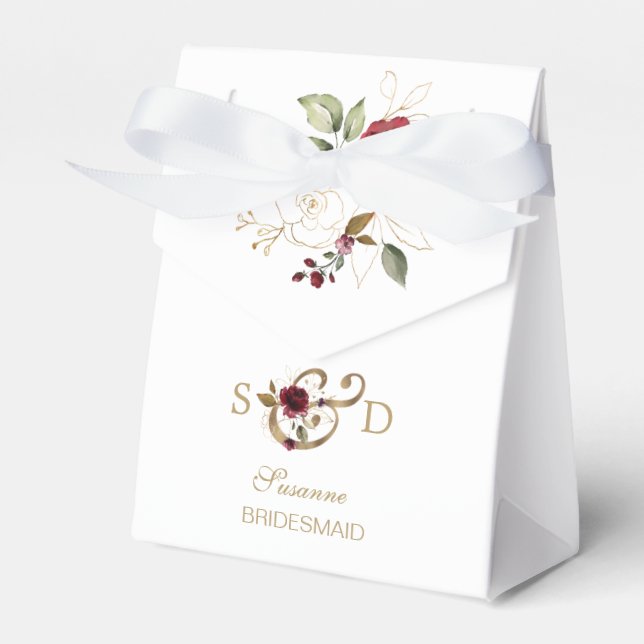 Whimsical Burgundy Guld Blommor Monogram Bröllop Presentaskar (Framsidan Sidan)