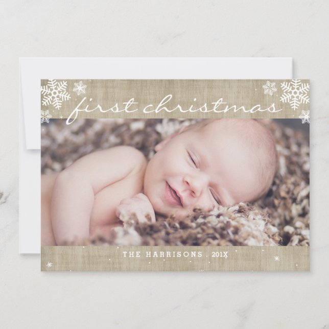Whimsical burlap rustic julkort för första julen (Framsida)