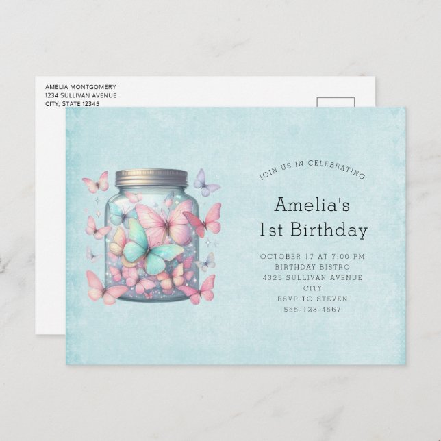 Whimsical Butterflies in a Jar Birthday Inbjudan Vykort (Fram/baksida)