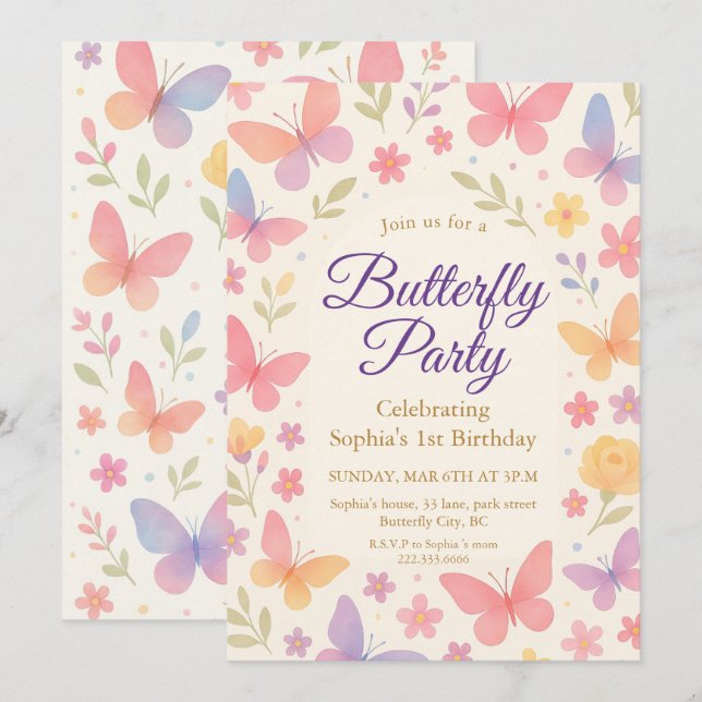 Whimsical Butterfly 1-årsfest Inbjudningar (Fram/baksida)