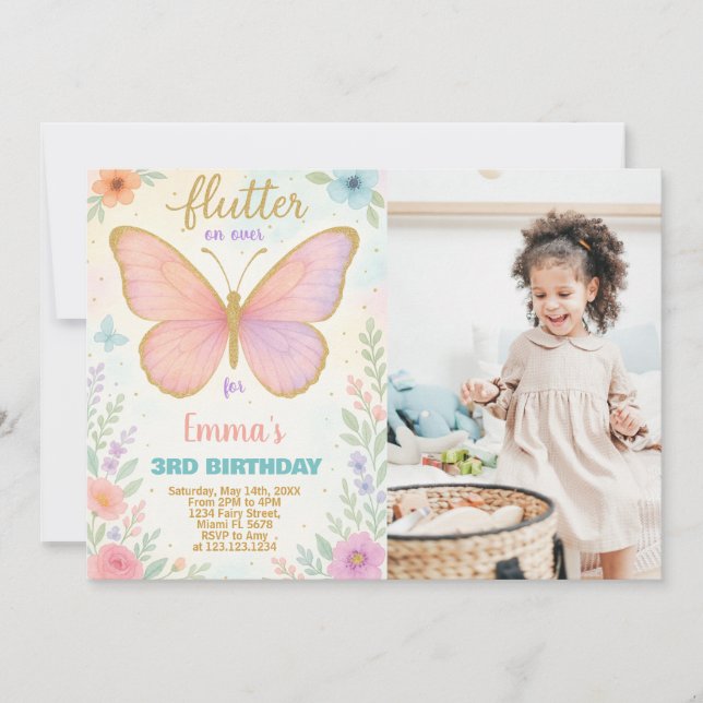 Whimsical Butterfly Birthday-inbjudan med foto Inbjudningar (Framsida)