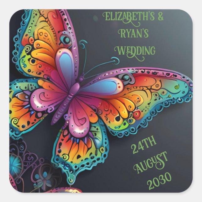 Whimsical Butterfly Romantik bröllopsinbjudan Fyrkantigt Klistermärke (Framsida)