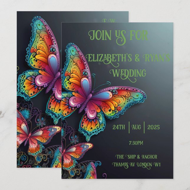 Whimsical Butterfly Romantik bröllopsinbjudan Inbjudningar (Fram/baksida)
