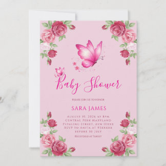 Whimsical Butterfly & Rose Baby Shower Invitation Inbjudningar