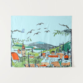 Whimsical bylandskapsillustration