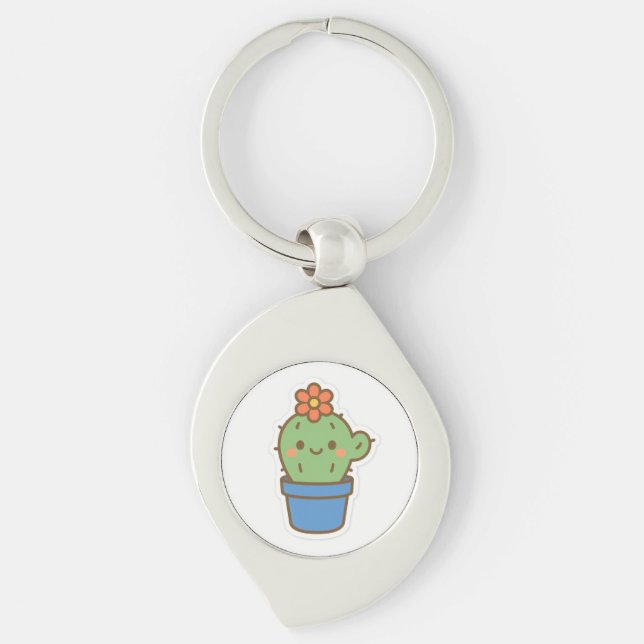 Whimsical Cactus Swirl Silverfärgad Nyckelring (Framsidan)