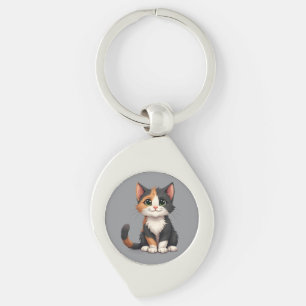 Whimsical Calico Kitten med Cattige Swirl Silverfärgad Nyckelring