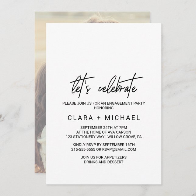 Whimsical Calligraphy Foto Bakre Låt Oss Fira Inbjudningar (Fram/baksida)