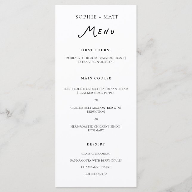 Whimsical Calligraphy Minimalist Wedding Menu Meny (Framsida)