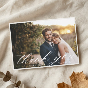 Whimsical Calligraphy Två Foto Bröllop Tack Kort
