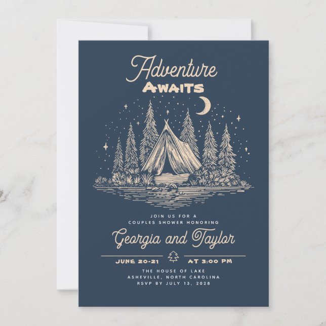 Whimsical Camping Couples Shower Adventure Awaits  Inbjudningar (Framsida)