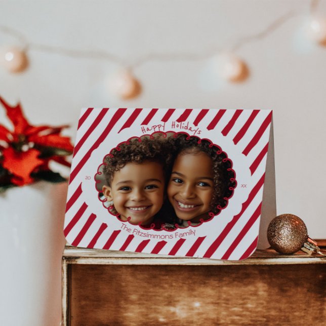 Whimsical Candy Cane-randig högtidsfotokort Helgkort (Retro Candy Cane Whimsical Striped Christmas folded card)