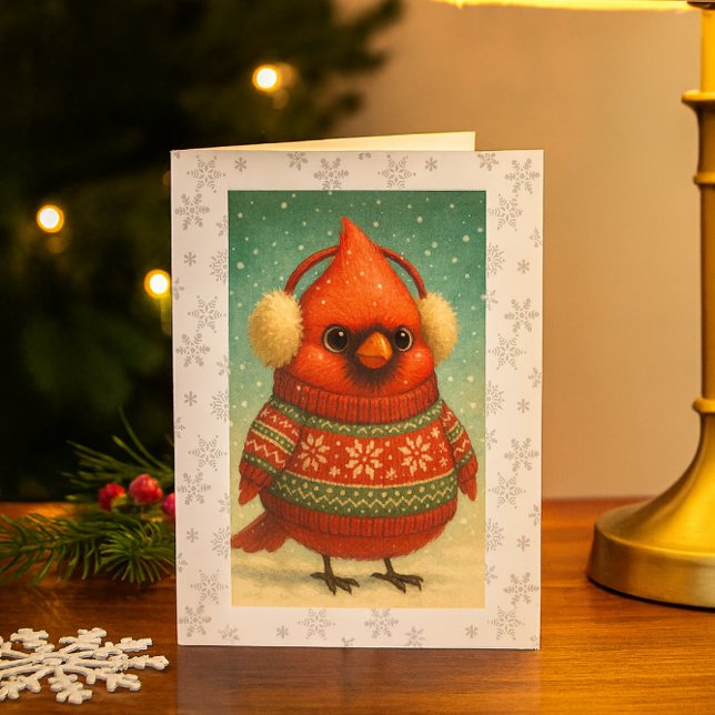 Whimsical Cardinal i öronmuffar jul  Kort (Whimsical cardinal holiday card festive, cozy, and perfect for winter greetings or gifts.)