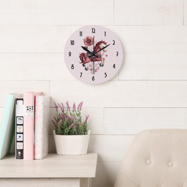 Whimsical Carousel Horse Image Stor Klocka (Läsesal)