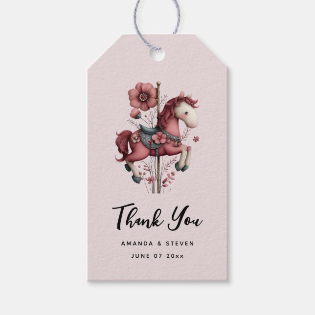 Whimsical Carousel Horse Image Wedding Presentetikett (Framsidan)