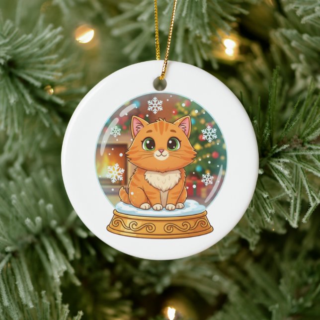 Whimsical Cartoon Cat in Snow Globe Christmas  Julgransprydnad Keramik (Träd)