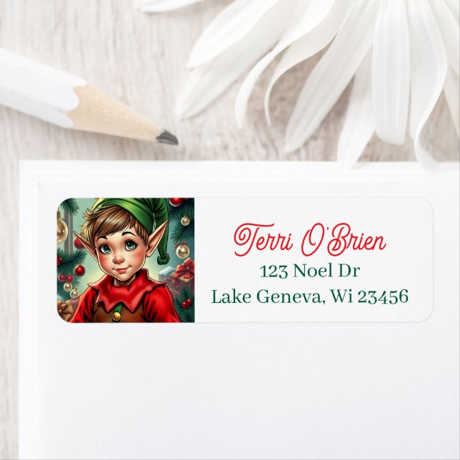 Whimsical Cartoon Elf | Christmas Returadress Etikett (Insitu)