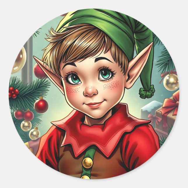 Whimsical Cartoon Elf | Christmas Runt Klistermärke (Framsida)