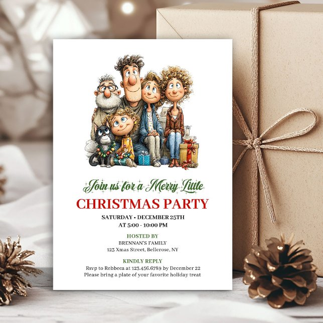 Whimsical Cartoon Family Red Green Holiday Invite Inbjudningar (Whimsical Cartoon Family Red Green Holiday Invite)