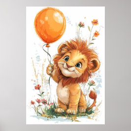 Whimsical Cartoon Lion Cub Holding Balloon Digital Poster