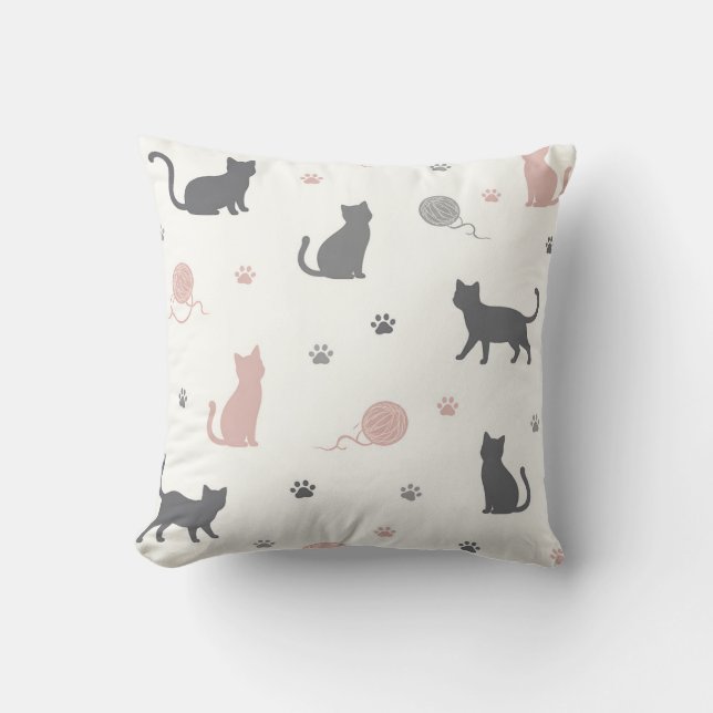 Whimsical Cat and Yarn Silhouette Pattern Kudde (Framsida)